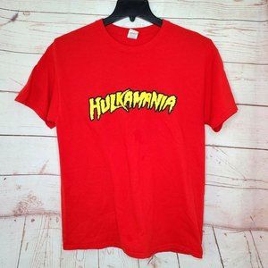Hulkamania Red Yellow Logo Gildan Heavy Cotton Tear Away Tags Pullover T Shirt